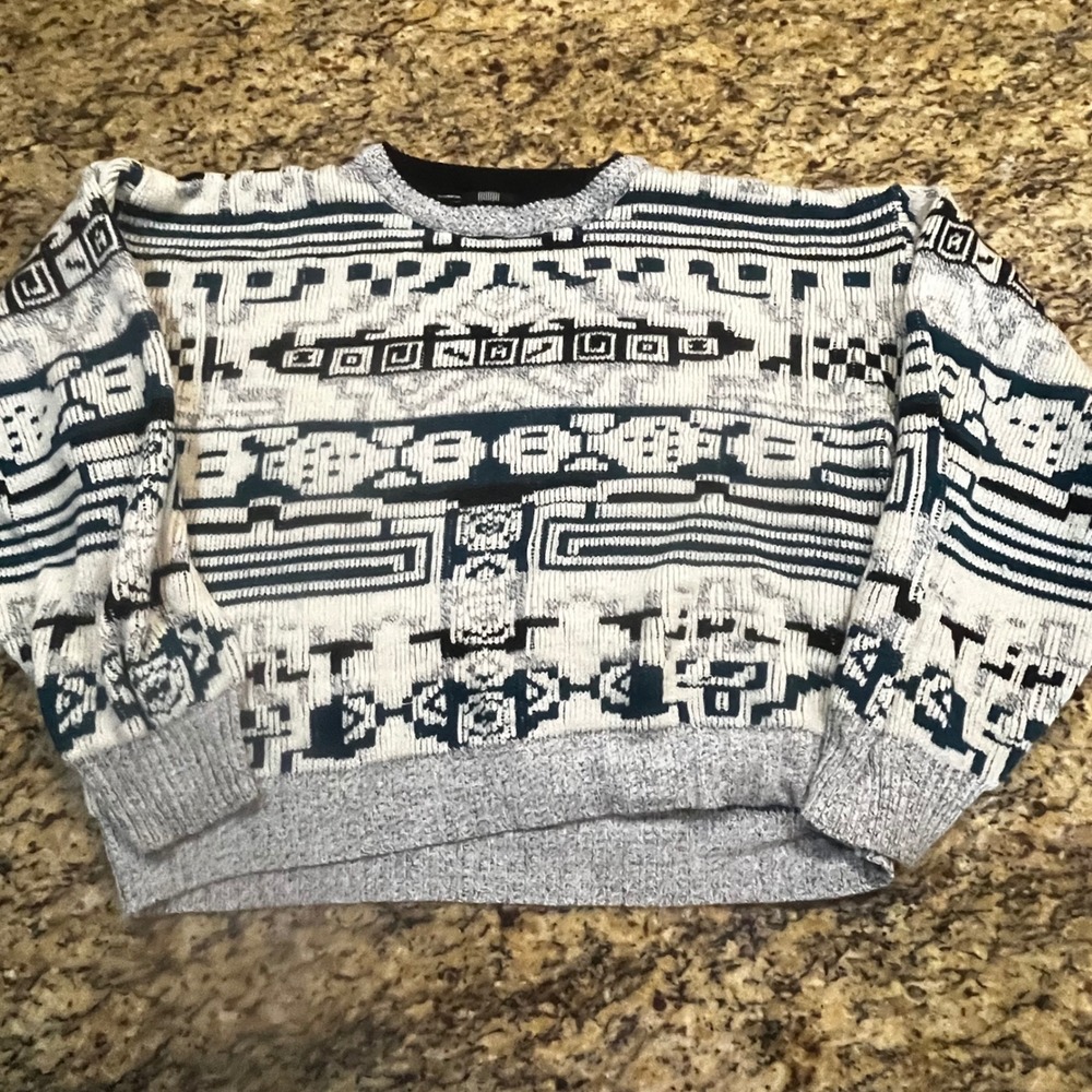Vintage Expressions Mens Geometric Abstract Crewneck‎ Sweater Black White Teal L